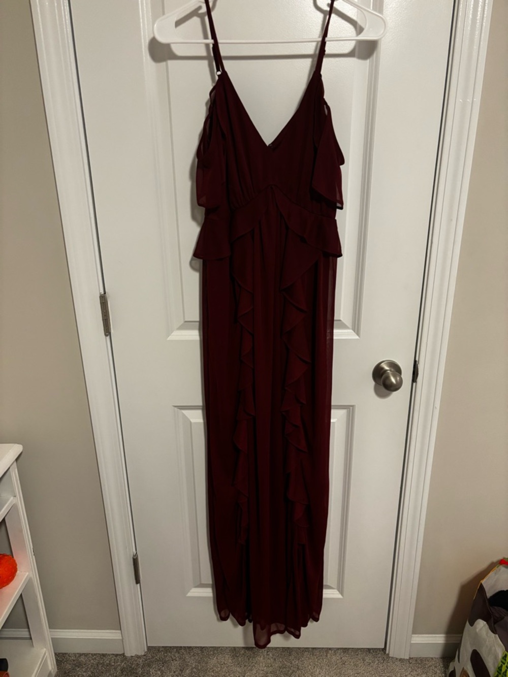 Express Burgundy Ruffle Maxi Dress with Spaghetti Straps